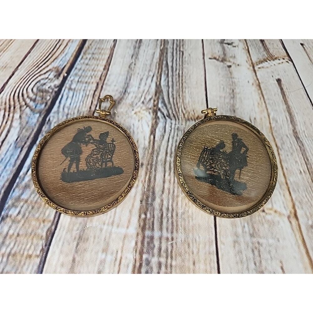 Vintage Set of 2 Round Glass Framed Silhouettes 3.5"